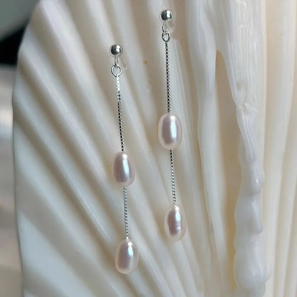 1 Pair 925 Sterling Silver Freshwater Pearl Geometric Drop Earrings