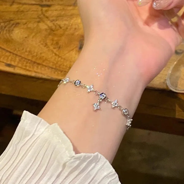 S925 Sterling Silver Four Leaf Clover Bracelet Women's Flashy Star Charm Fashionable New Style Lightweight Luxury Feeling