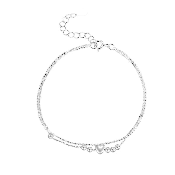Fashionable Double Layer S925 Sterling Silver Heart Bead Bracelet Women's Stylish Versatile Round Ball Hand Jewelry New Style