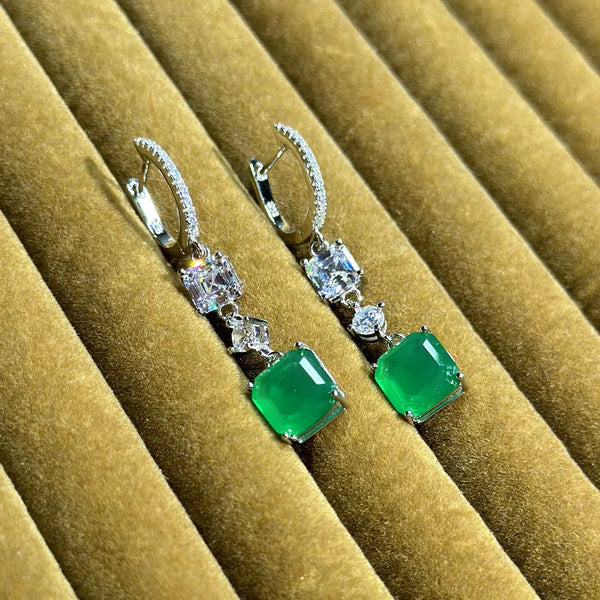 Elegant Green Gemstone earrings S925 Silver Square Corner Simulation Emerald Studs Women's Jewelry Geometric Pattern