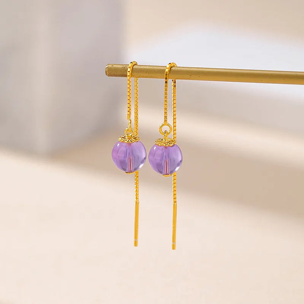 Natural Crystal Earring S925 Sterling Silver Plated Gold Geometric Simple Round Bead Earrings For Women Vintage Style