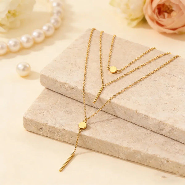 Three Layer Round Necklace for Women with Three-dimensional Design, 18K Real Gold Plated 304 Stainless Steel, PVD Coated Cable Chain