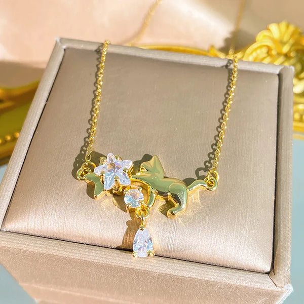 Cat Necklace For Women inlaid with Zircon, 304 Stainless Steel Golden Plated with 0.03µm Thick Coating, Featuring Cable Chain