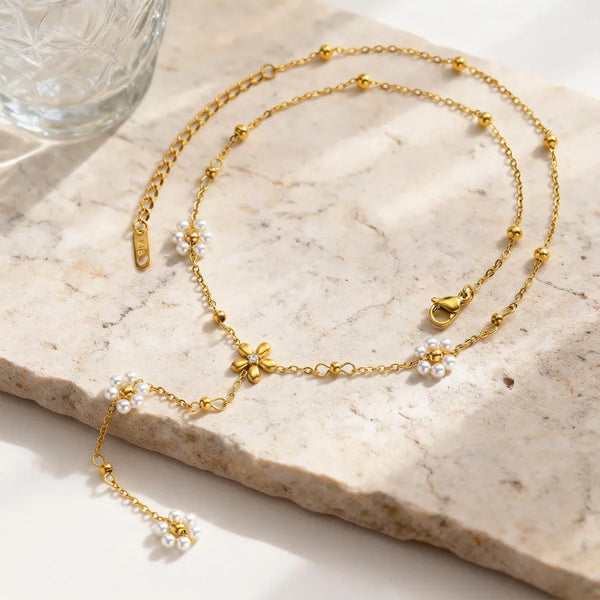 Flowers Necklace For MAMA Women 304 Stainless Steel with 18K Real Gold Plated Coating 0.03µm and Pearl Inlay