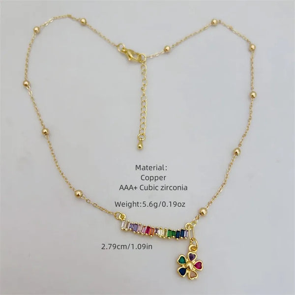18K Gold Plated Handmade Double Pendant Flower Zircon Necklace Classic Simple Style Daily Wear Gift Copper Pendant Lobster Clasp
