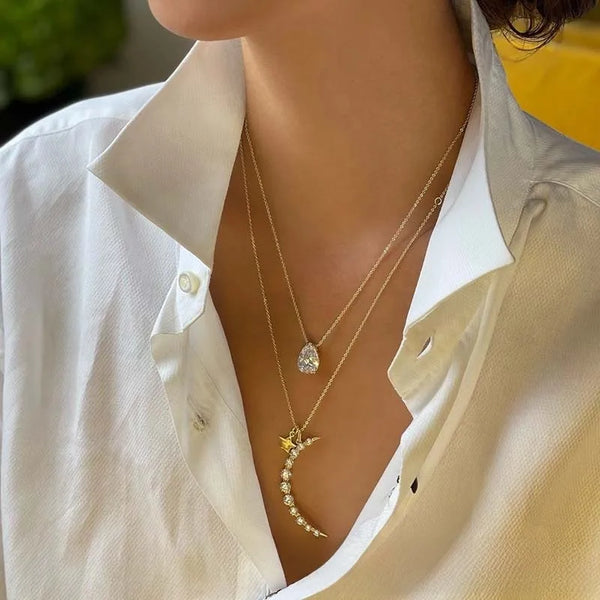 S925 Sterling Silver Necklace Women's Fashionable Star Moon Pendant Full Of Diamonds  Collarbone Chain