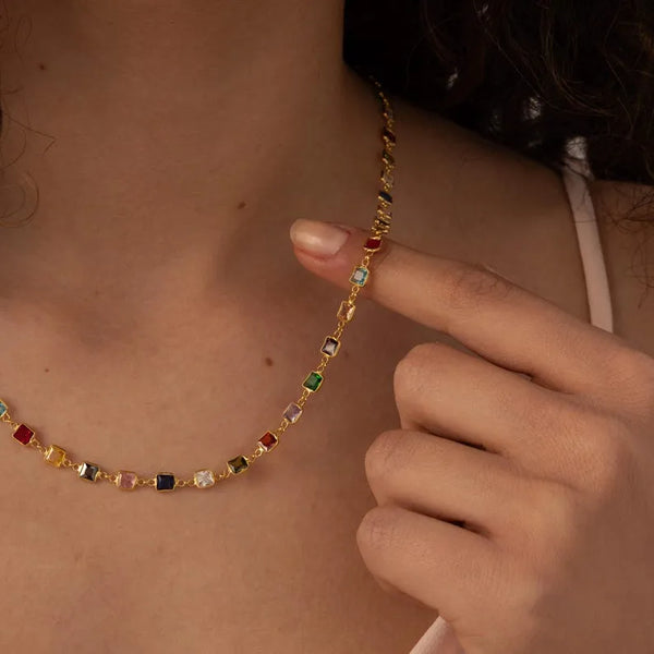 Jewelry Square Colorful Zircon Creative Pure Copper Color-Retaining Necklace Niche Design Versatile 18K Gold Plated Necklace