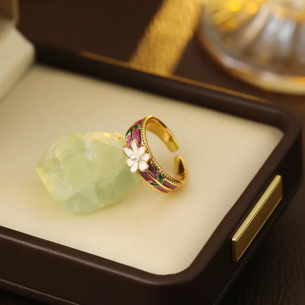 French Pastel Purple Pearl Ring Vintage Enamel Drop Oil Open Bohemian Style Floral Print Simple Design For Women