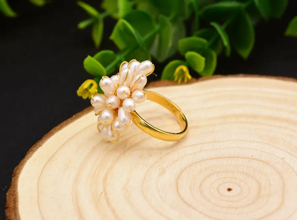 retro flower freshwater pearl copper plating inlay pearl 18k gold plated rings