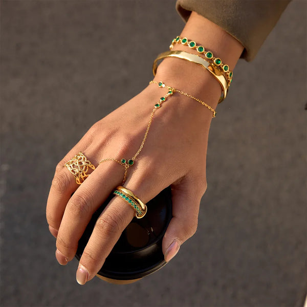 Geometric Waterproof Women's Bracelets, SUS304 Stainless Steel with 18K Gold Plated PVD Coating and Zircon Inlay, Cable Chain