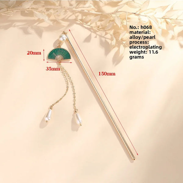 Retro Sector Hair Sticks in Metal with Multicolor Pearl Inlay Hair Accessories