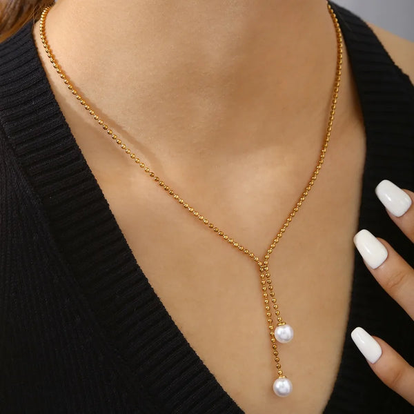 Fashionable Personality High-end Pearl Tassel Pendant 304 Stainless Steel 18k Gold Plated Women's Necklace All Seasons Elegant Cable Chain