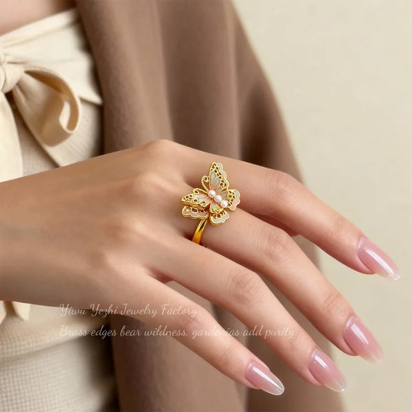 Pearl Butterfly Ring Women's Chinese Lace Open Ring