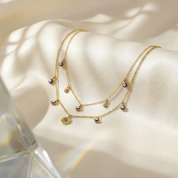 Devil's Eye Necklace For Women in 304 Stainless Steel with 18K Gold Plated Finish 0.03µm-0.05µm Featuring Zircon on Cable Chain