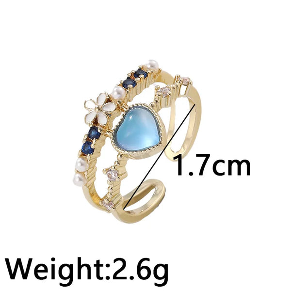 fashion heart shape flower copper enamel plating inlay artificial pearls zircon open ring 1 piece