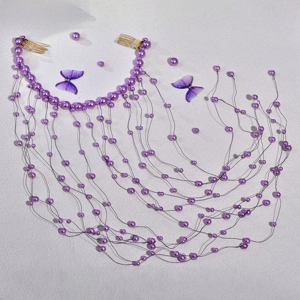 Elegant Pearl Hair Comb Wedding Veil Long Hair Accessories Purple Beads Headwear Vintage Style Women's Hairpin A171