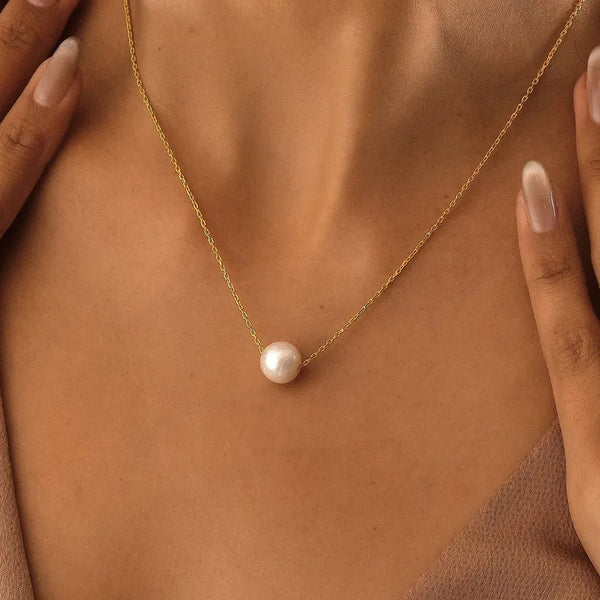 Round Pendant Necklace for Women with Pearl Inlay, 18K Gold Plated 304 Stainless Steel, Waterproof PVD Coated Chain