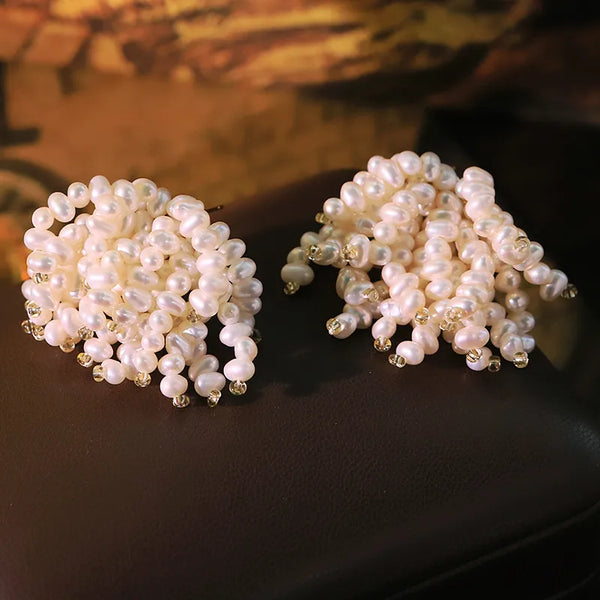 Original Natural Freshwater Pearl Glass Flower Stud Earrings Elegant Handmade Earrings Jewelry