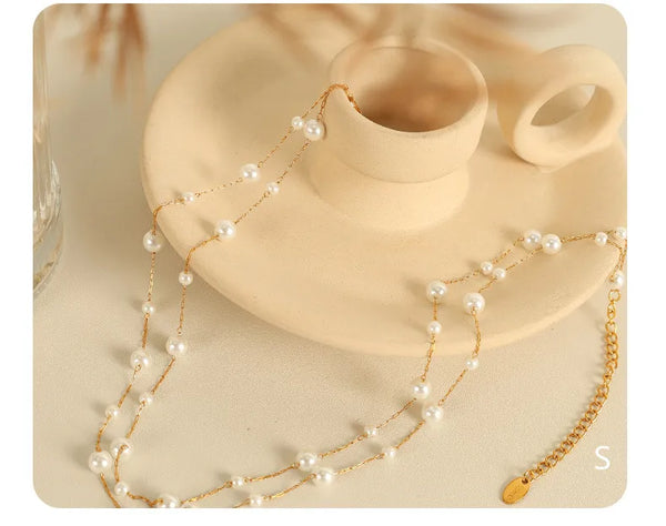 Elegant Multi-layer Pearl Starry Sky 18K Gold Plated 304 Stainless Steel Vacuum Electroplating (In Furnace) Round Cable Chain/O-shaped Chain/Cross Chain Necklace (Jewelry) Waterproof and Non-fading