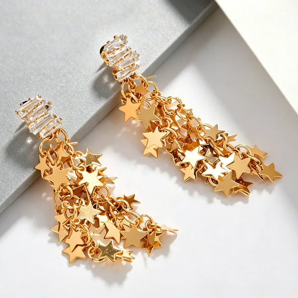 Handmade Star Earrings for Women in Golden Plated Brass with Zircon Inlay