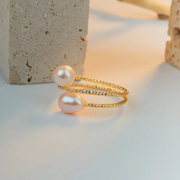 Natural Pearl Adjustable Open Ring Trendy Minimalist Design Small Elegant Simple Ring For Office Party Date Holiday Tea Talk