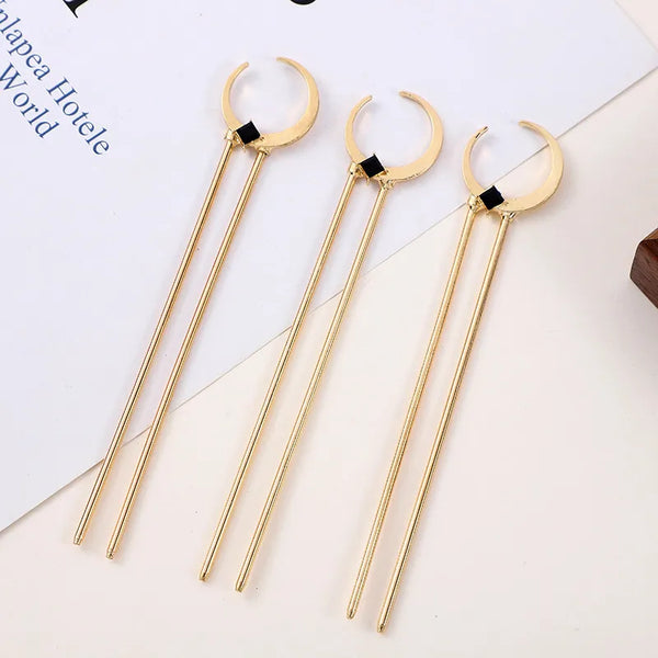 Simple Style Moon Hair Sticks for Women in Metal with Gem Inlay, Perfect Birthday Hair Accessories
