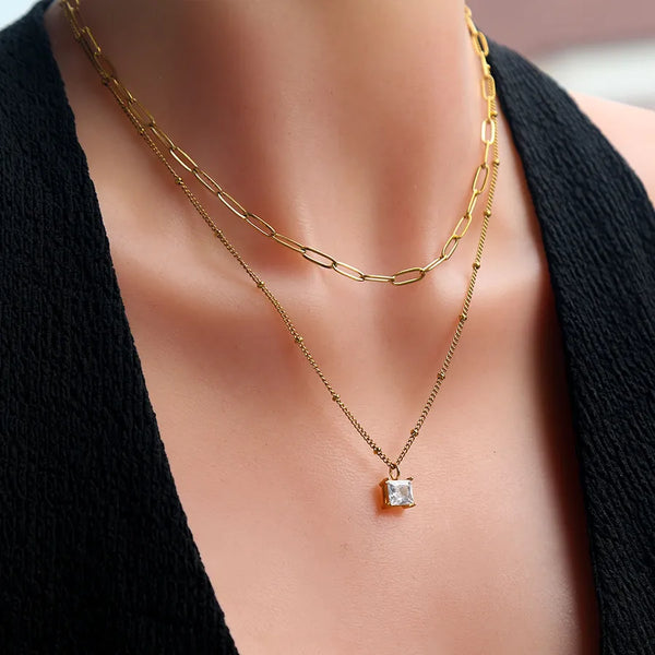304 Stainless Steel Square PVD Coated Zircon Necklace