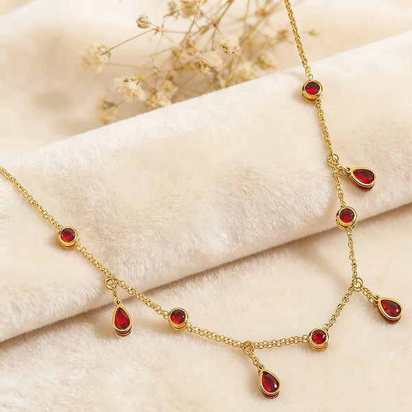 Handmade Water Droplets Choker Necklace in 304 Stainless Steel with Golden PVD Coating 0.03µm and Zircon Inlay on Cable Chain
