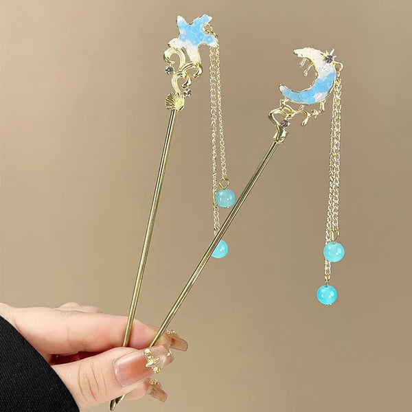Blue Crystal Hairpin Women's High-End Sensation Tassel Fresh Ocean Series New Chinese Style Hairpin Wedding Birthday Party Festive