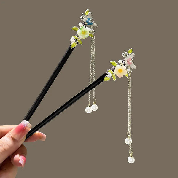 Wooden Hair Clip Imitation Ebony Peony Tassel Vintage Women's Hair Accessory