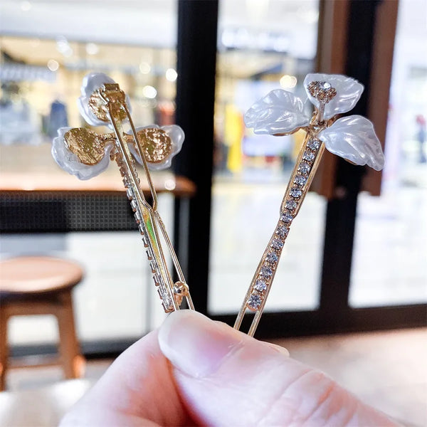 Flowers Hair Pin for Women with Rhinestones and Pearl Inlay, 1 Piece Hair Accessory