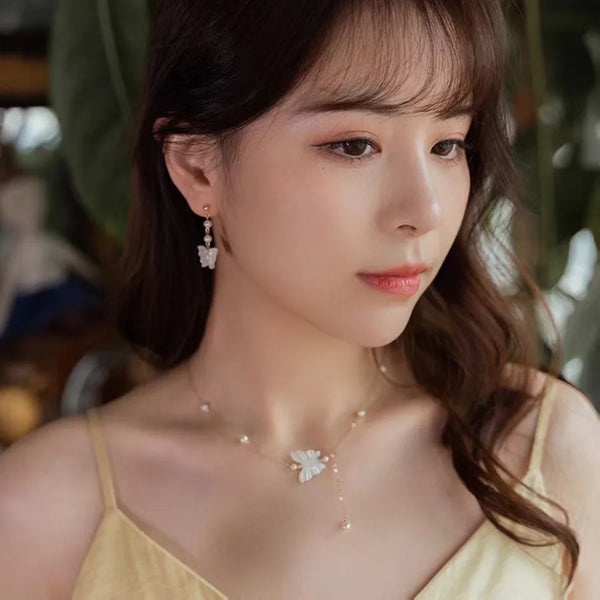 Pearl Shell Butterfly Women's Design Dress with Natural Pearl Earrings Gold Metal Ethnic