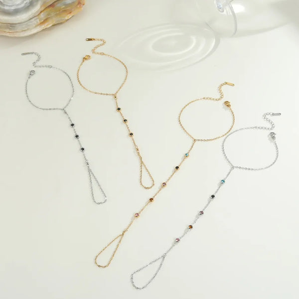 Minimalist Oval Zircon Finger Chain 18K Gold Plated 304 Stainless Steel Ring Chain Bracelet Wrist Chain