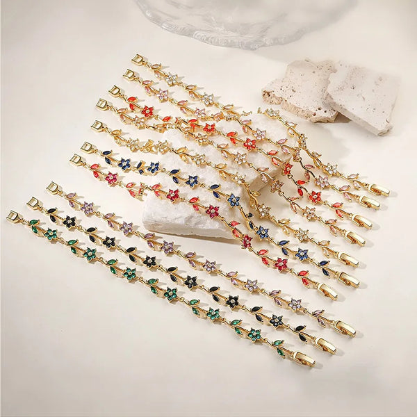 Women’s Flowers Inlay Bracelet with Handmade Chain, Copper Base, 18K Real Gold Plated and Zircon Inlay Featuring Water Plating