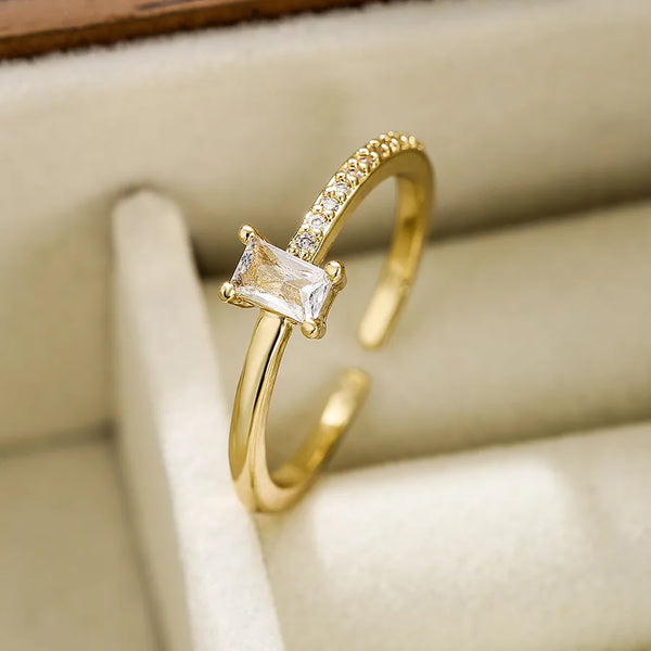 simple style rectangle copper plating inlay zircon 18k gold plated open ring