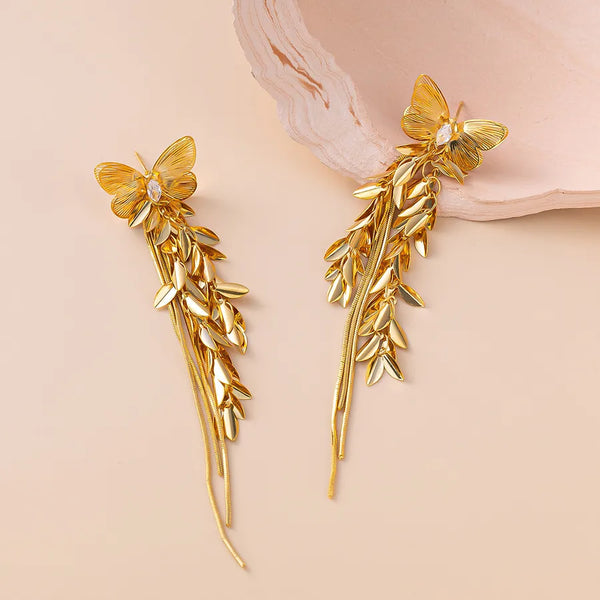 Elegant Butterfly Style Gold Plated Metal Earrings Sparkling Zircon Leaf Tassel Versatile Women's Luxury Leaf Pattern Studs