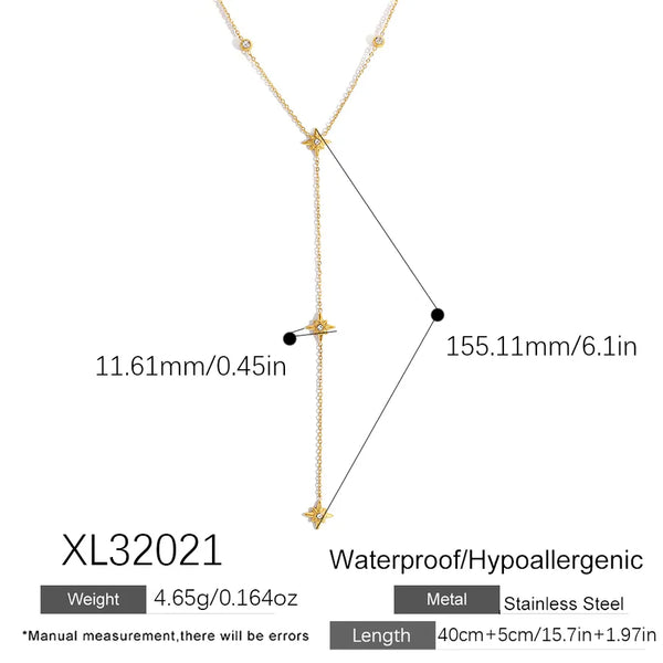 Inlaid Diamond Eight-Pointed Star INS Style Vacuum Electroplating (In-Furnace) 18K Real Gold Plated 304 Stainless Steel Y-Shaped Necklace