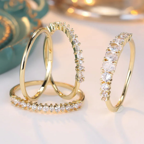 Fashionable Round Color Zircon Four-Piece Set Rings Versatile  Niche Plain Ring Stylish Ensemble Finger Ring