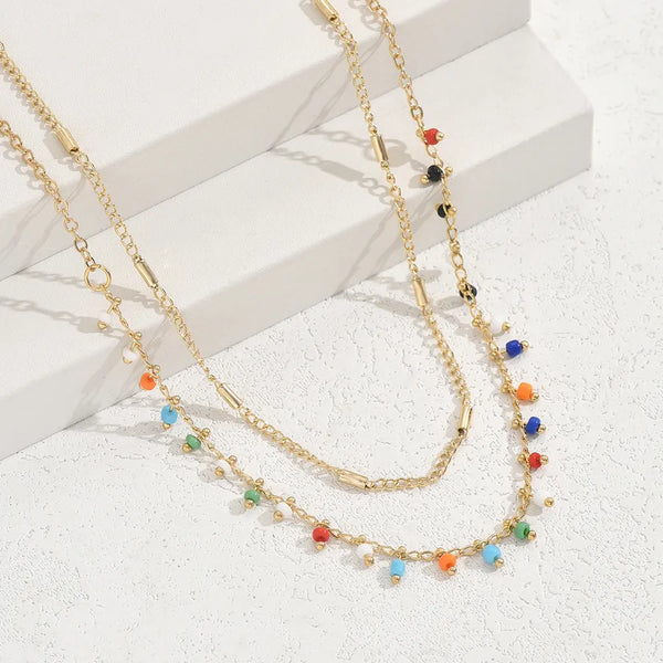 Round Beading Copper Choker for Women with Plastic Inlay and Box Chain