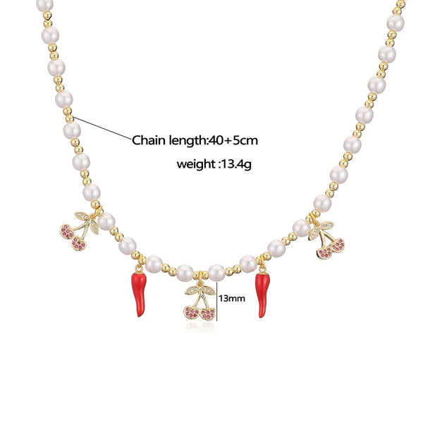Exquisite Sweet Strawberry Pepper Cherry Pendant Necklace Niche Cute Fruit Series Pearl Ball Bead Chain Clavicle Chain
