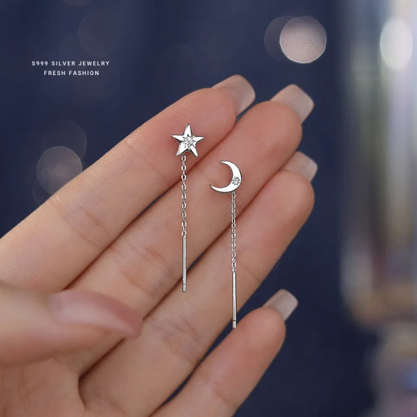 S999 Pure Silver Asymmetric Long Star Moon Earrings Women Fashion Simple Versatile Design Sensation Plain Silver Earring