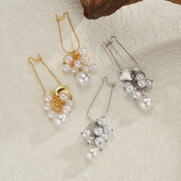 Titanium Steel Pearl Pendant Earrings for Women Unique Design Stainless Steel Geometric Shiny Solid Color Rose Gold Plated