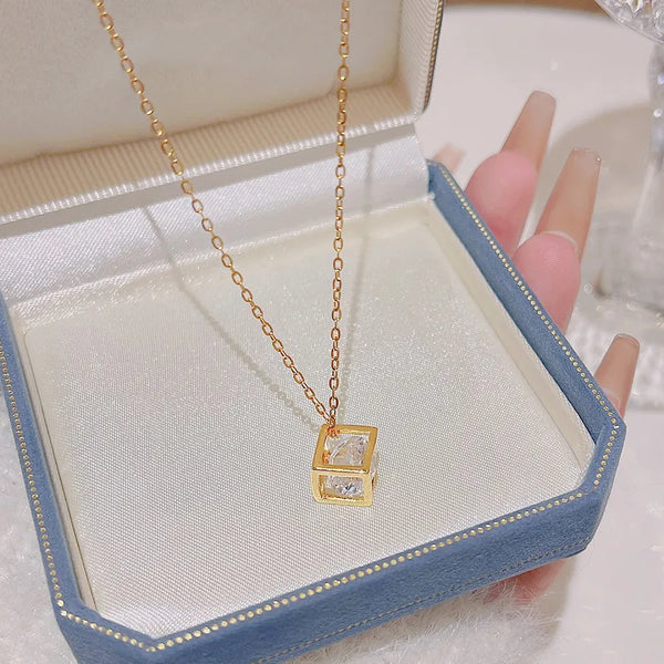 New Fashion Hollow Love Cube Necklace Women's Crystal Pendant Boho Versatile Clavicle Chain Accessory Geometric Pattern