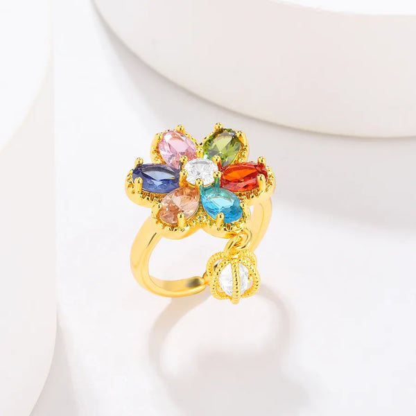 Flower Zircon Women's Ring 18K Gold Plated Water Drop Geometric Holiday Jewelry Vintage Style Vacuum Electroplated Ring Gift