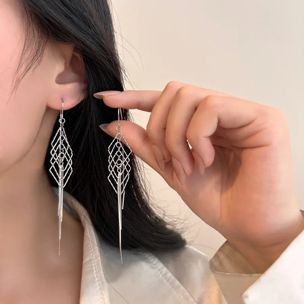 S925 Sterling Silver Long Tassel Earrings Women Luxury Feel Diamond Shape Geometric Pattern Fashionable Versatile Ear Jewelry