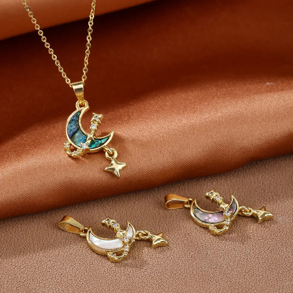 Shell Copper 18K Gold Plated Star Moon Pendant Necklace