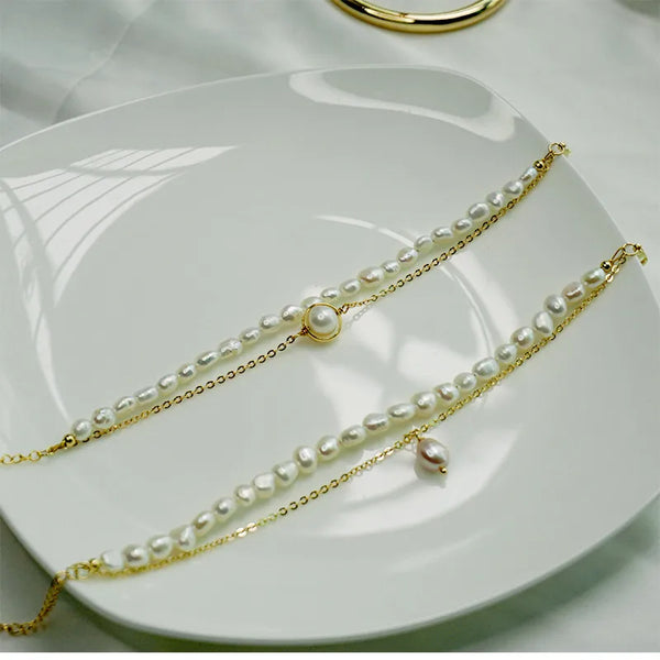 Friendship Bracelet for Women Double Layer Freshwater Pearl Baroque Design Simple Geometric Alloy Jewelry Gift