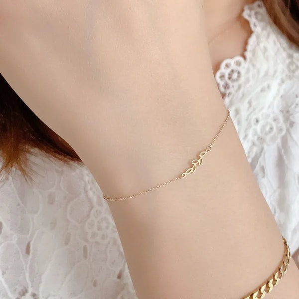 Simple Style Leaf Bracelet for Women in 925 Sterling Silver with 18K Real Gold Plated Micro Super Whisper Thin Chain