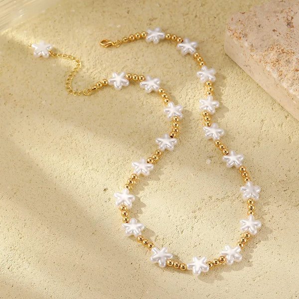 Women’s Star Choker Necklace with Waterproof Non Tarnish Copper, Golden Plated Finish and Imitation Pearl Beaded Chain