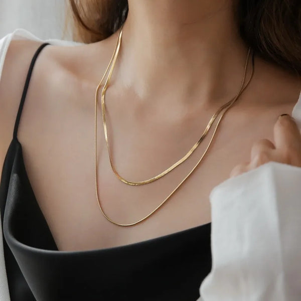 simple style solid color titanium steel plating gold plated layered necklaces